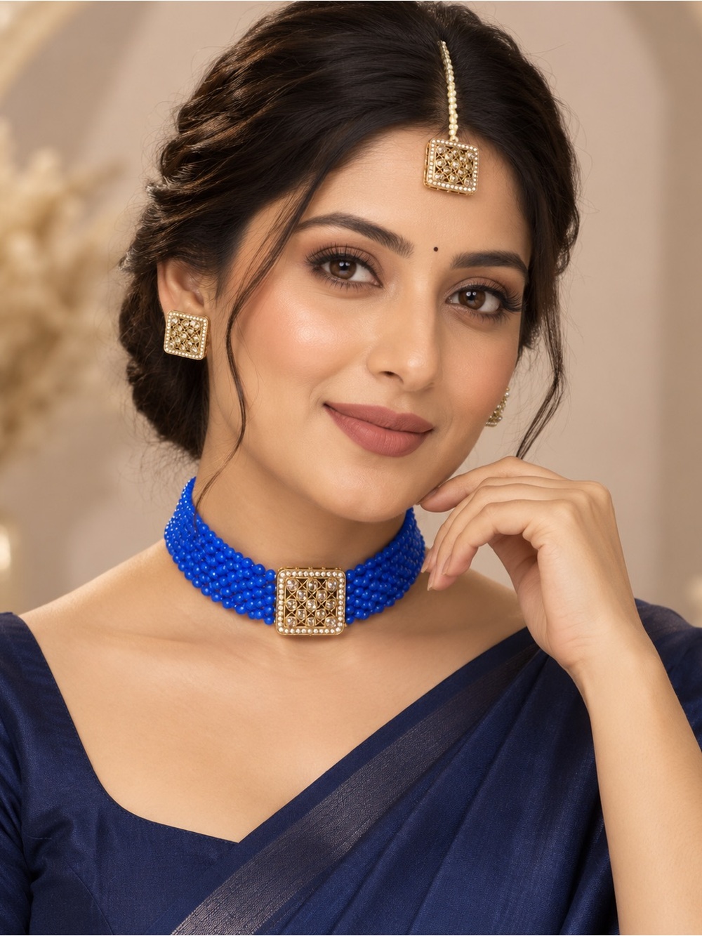 Gold-Accented Royal Blue Beaded Choker Necklace by